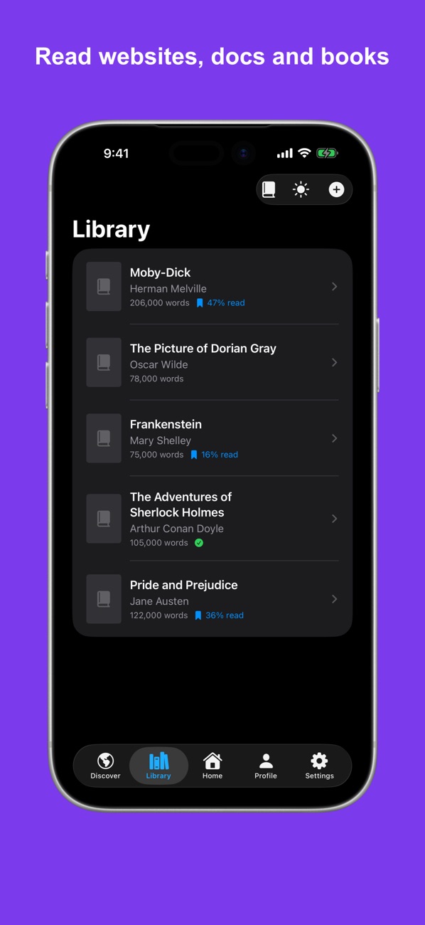 Nimbus Speed Reader library on iPhone showing imported books and reading progress